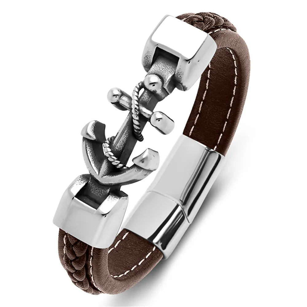 Pulsera trenzada con ancla marrón