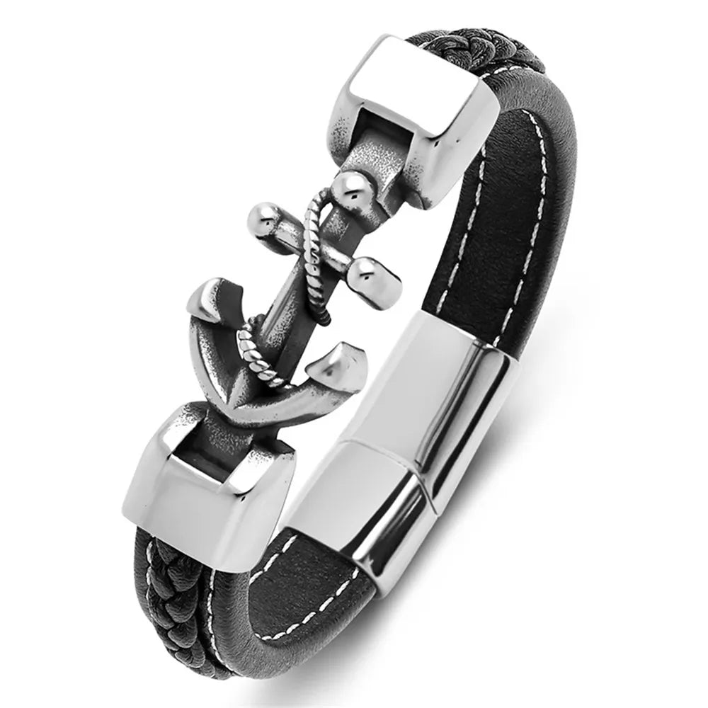 Pulsera trenzada con ancla negro