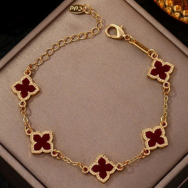 Pulsera trébol de cuatro hojas efecto nácar burdeos