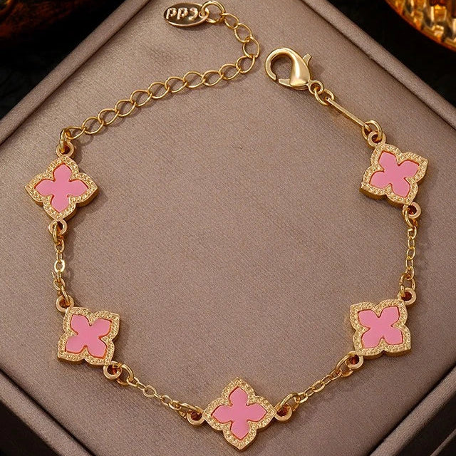 Pulsera trébol de cuatro hojas efecto nácar rosa