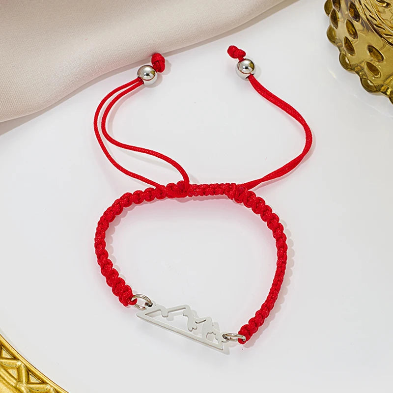 Pulsera Trenzada con Colgante Montaña rojo y plata