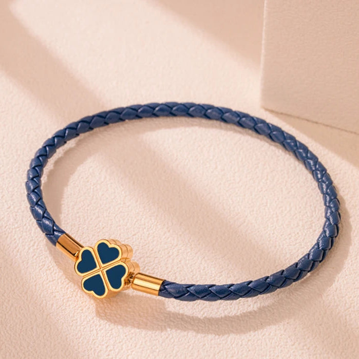 Pulsera Trenzada de Cuero con Trébol de 4 Hojas azul marino