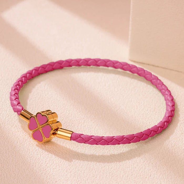 Pulsera Trenzada de Cuero con Trébol de 4 Hojas rosa oscuro
