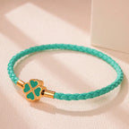 Pulsera Trenzada de Cuero con Trébol de 4 Hojas azul verdoso