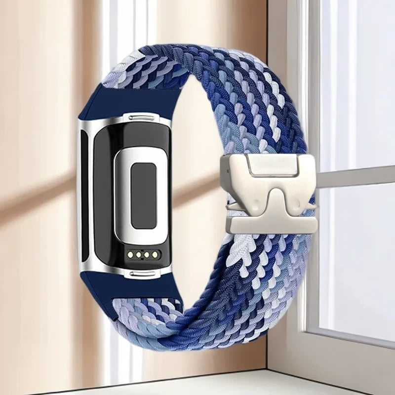 Pulsera trenzada para reloj Fitbit Charge 5, Charge 6 azul blanco