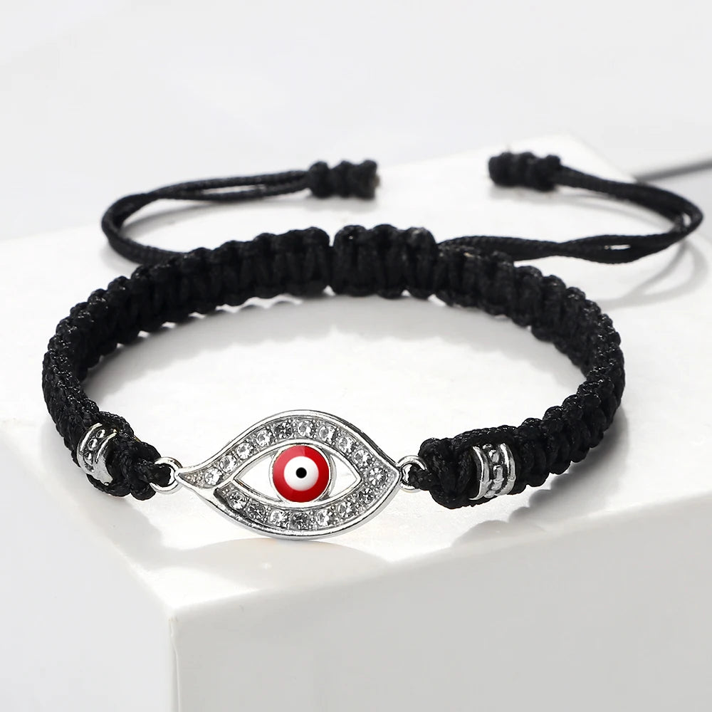 Pulsera Trenzada de Circonio Ojo Turco Mal Negro Plata