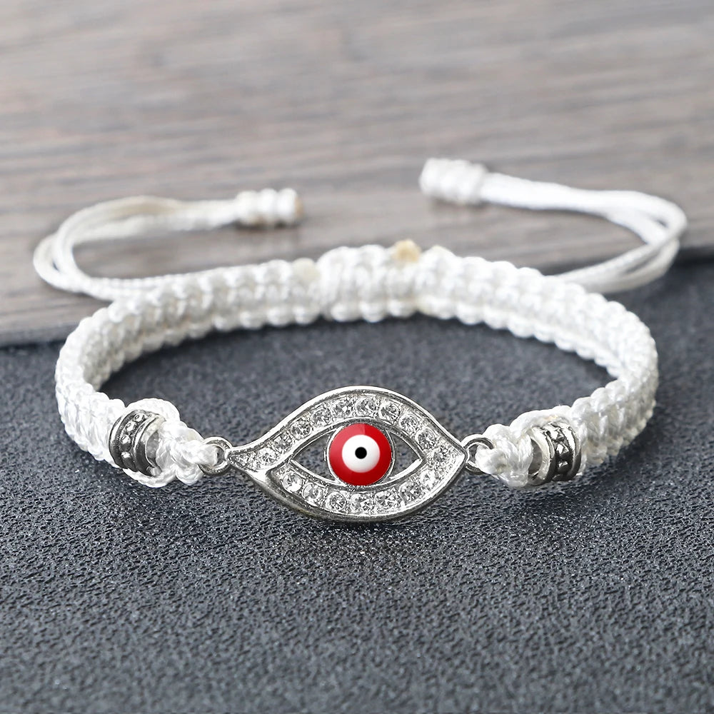 Pulsera Trenzada de Circonio Ojo Turco Mal Blanco Plata