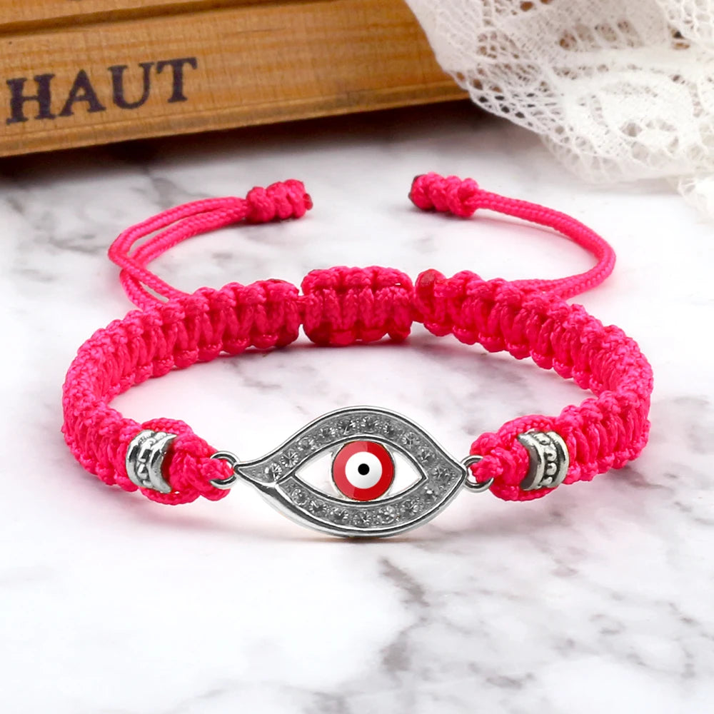 Pulsera Trenzada de Circonio Ojo Turco Mal Rosa Plata