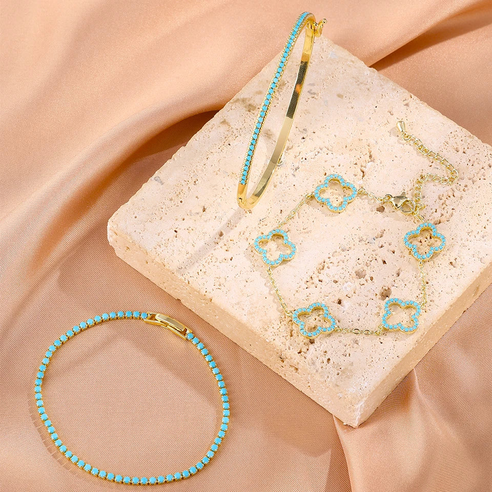 Lote de 3 pulseras con tréboles de 4 hojas en circonio azul