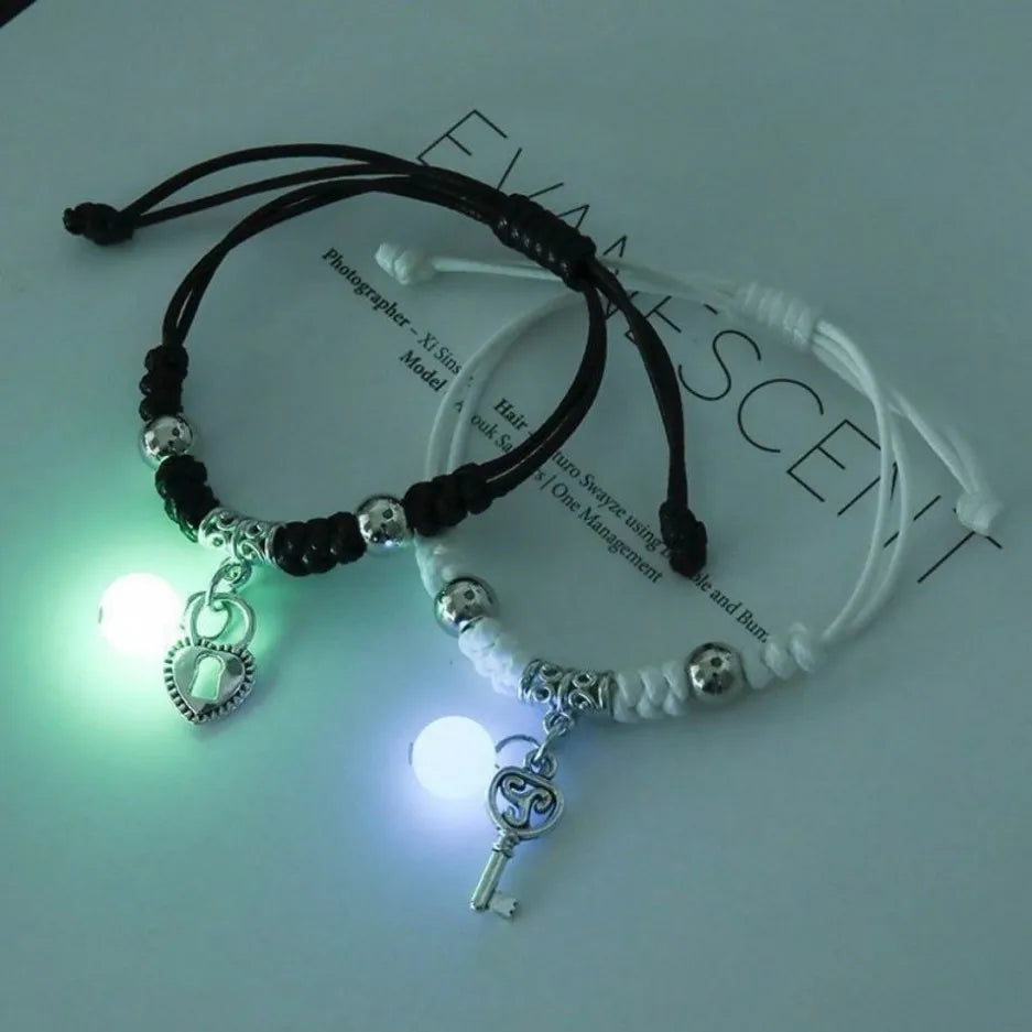 Pulseras para Parejas con Perla Luminosa Pulsera Corazón y Llave 2