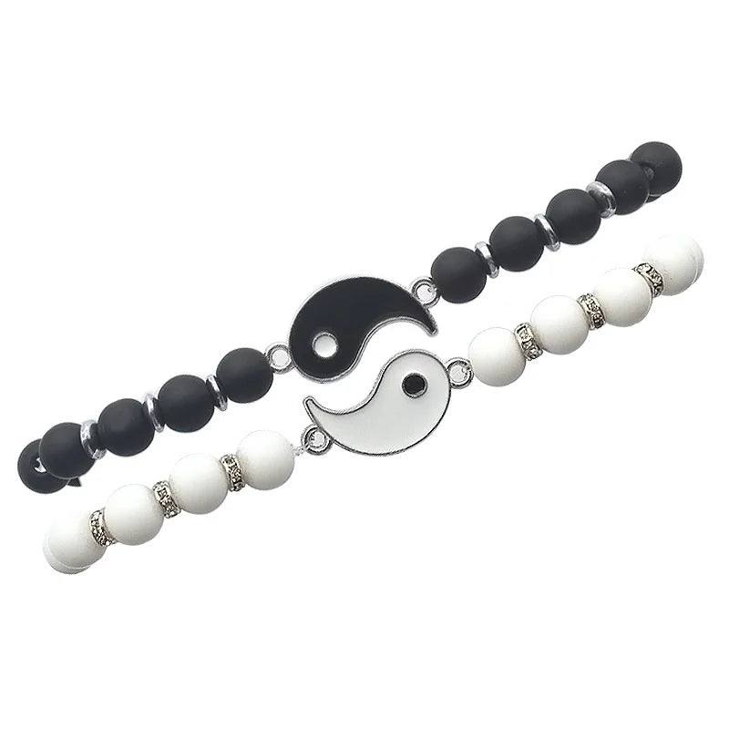 Pulseras para Parejas Gourmette Separables Yin Yang en Piedras Naturales Negro y Blanco