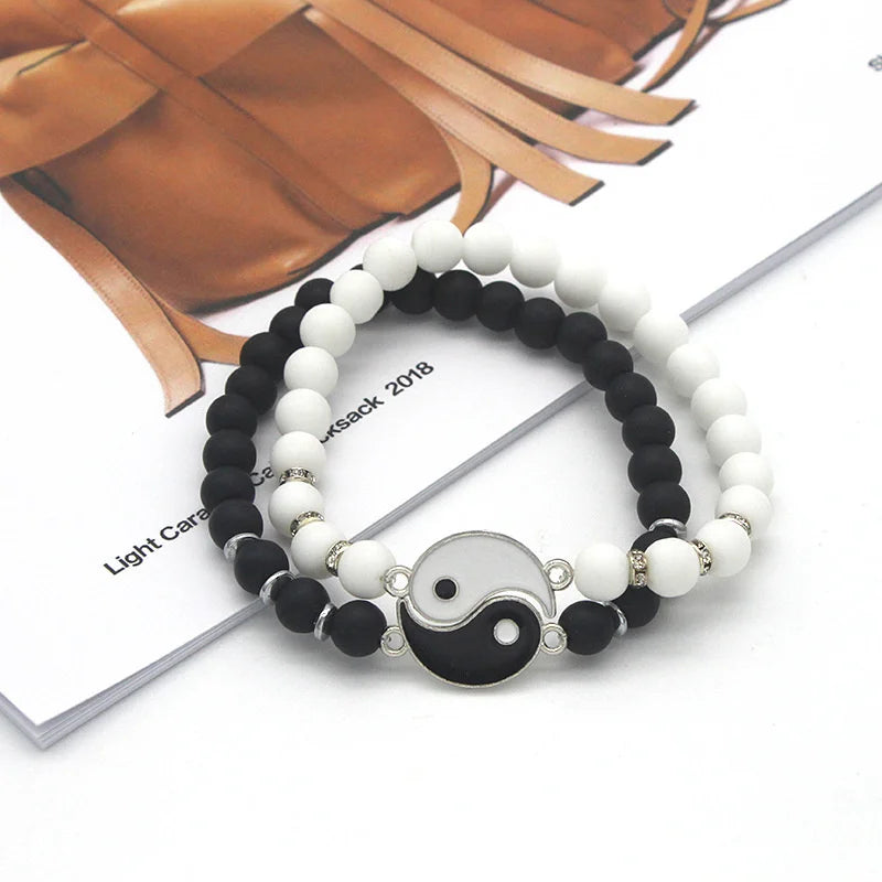 Pulseras para Parejas Gourmette Separables Yin Yang en Piedras Naturales Negro y Blanco