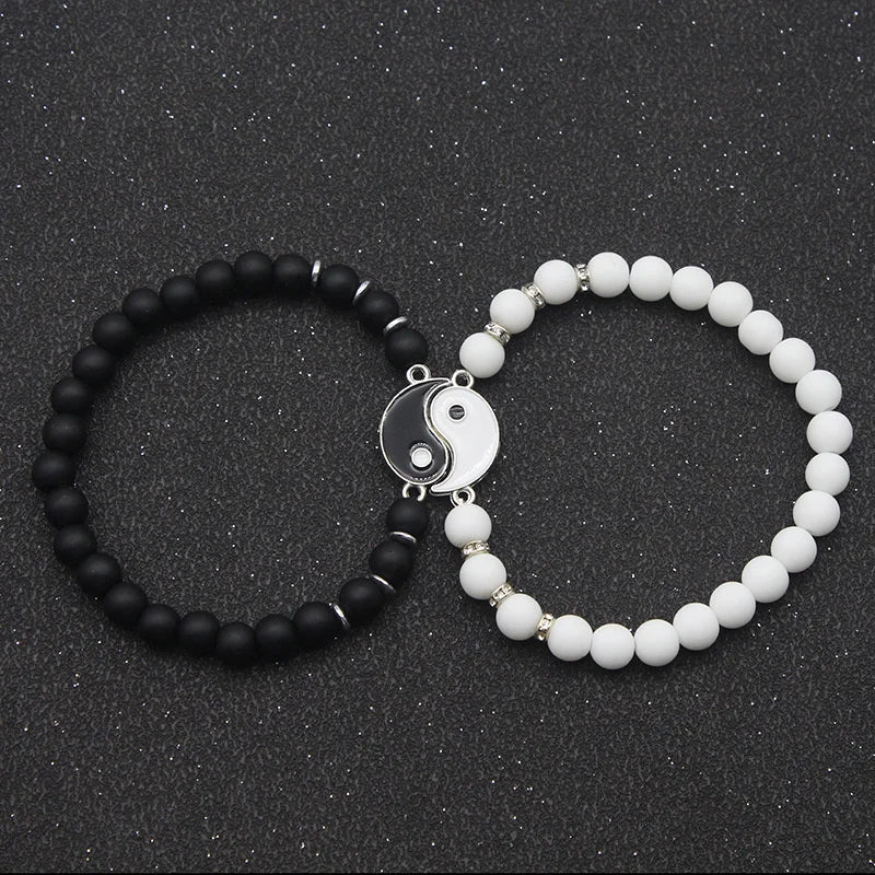Pulseras para Parejas Gourmette Separables Yin Yang en Piedras Naturales Negro y Blanco