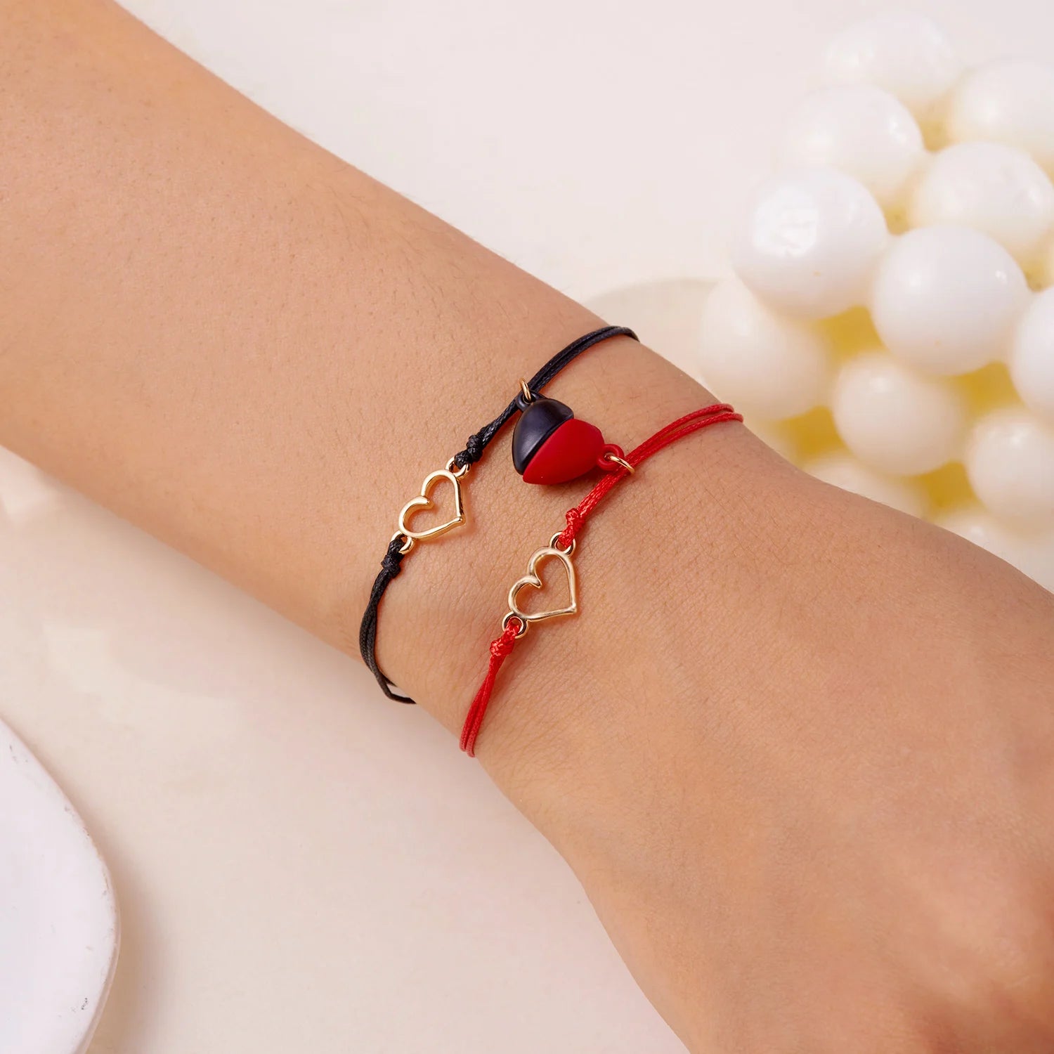 Pulseras para Parejas Pulsera Magnética Corazón y Electrocardiograma rojo y negro