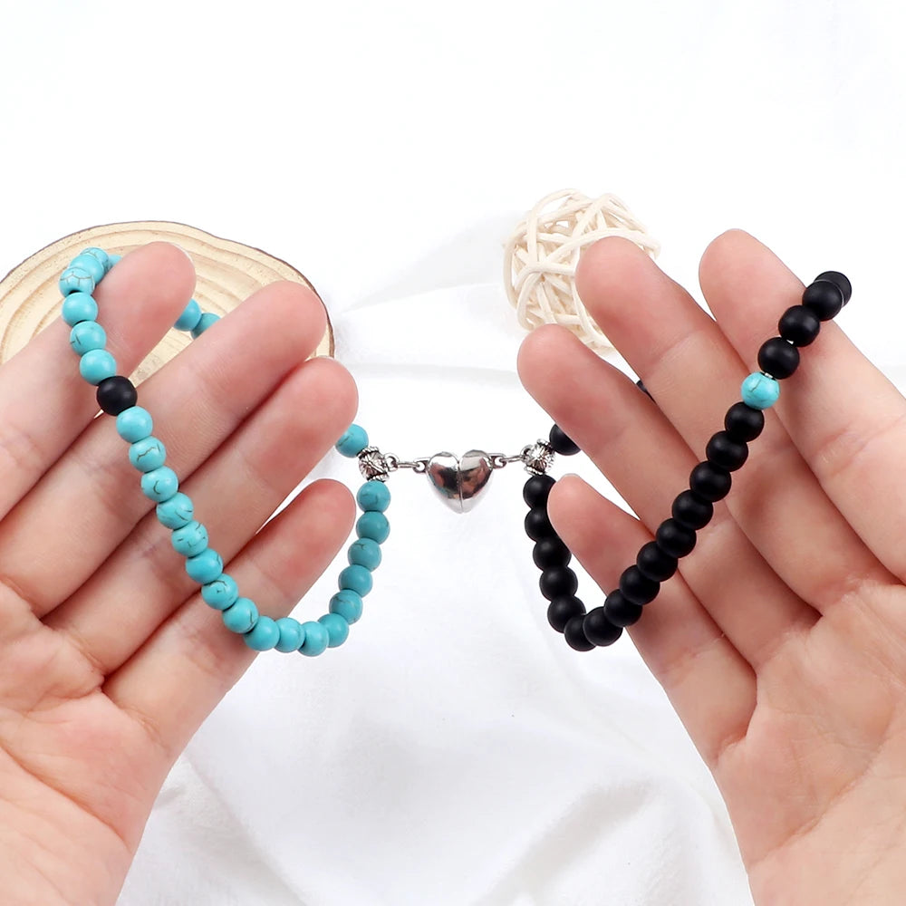 Pulseras para Parejas Pulsera Magnética Perlas azul cielo y negro