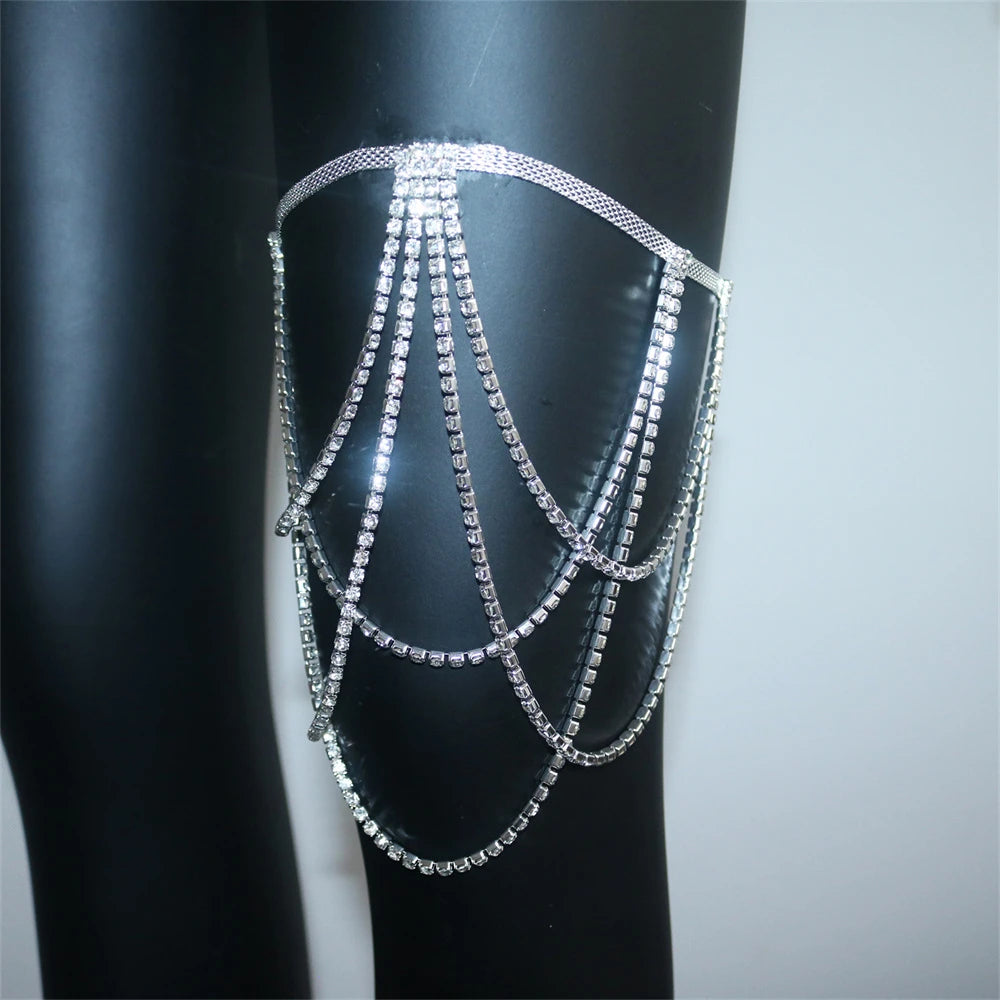 Cadena para muslo con strass - joya para la pierna para mujer plata