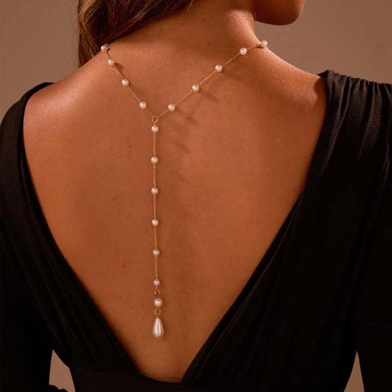 Cadena dorsal para mujer - Collar de espalda con perlas