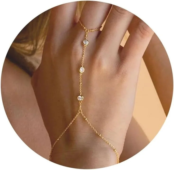 Cadena para mano y dedo con circonitas - pulsera de mano para mujer oro