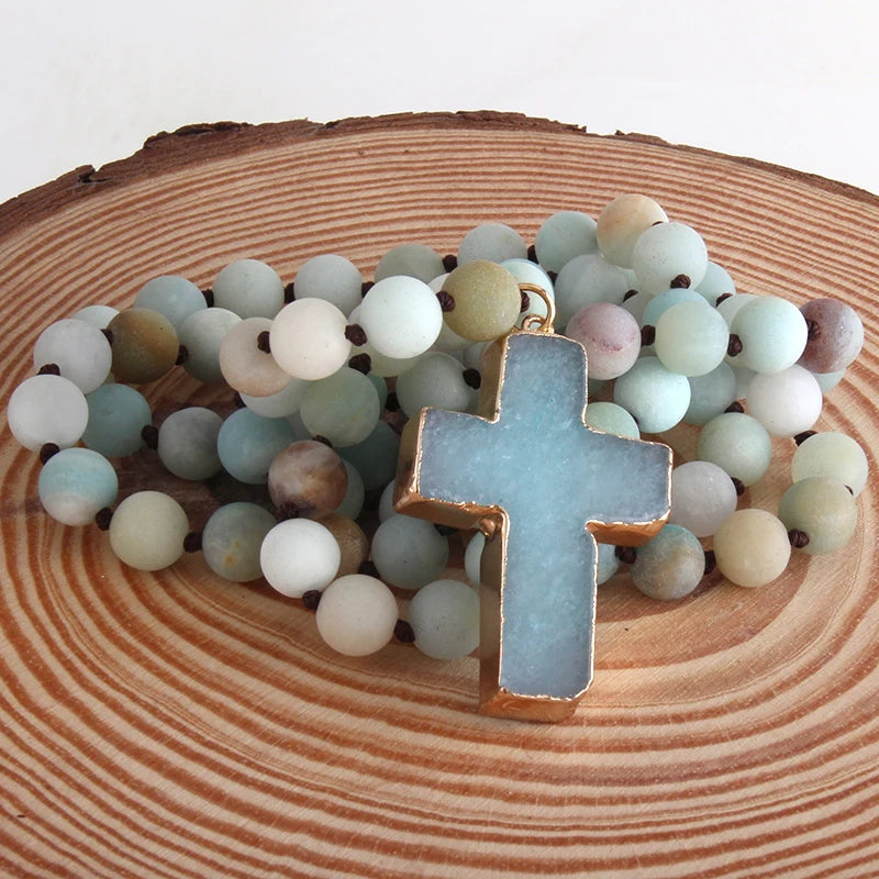 Rosario Cruz Collar Colgante en Piedras Naturales verde