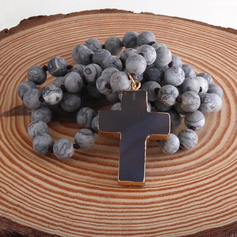 Rosario Cruz Collar Colgante en Piedras Naturales gris