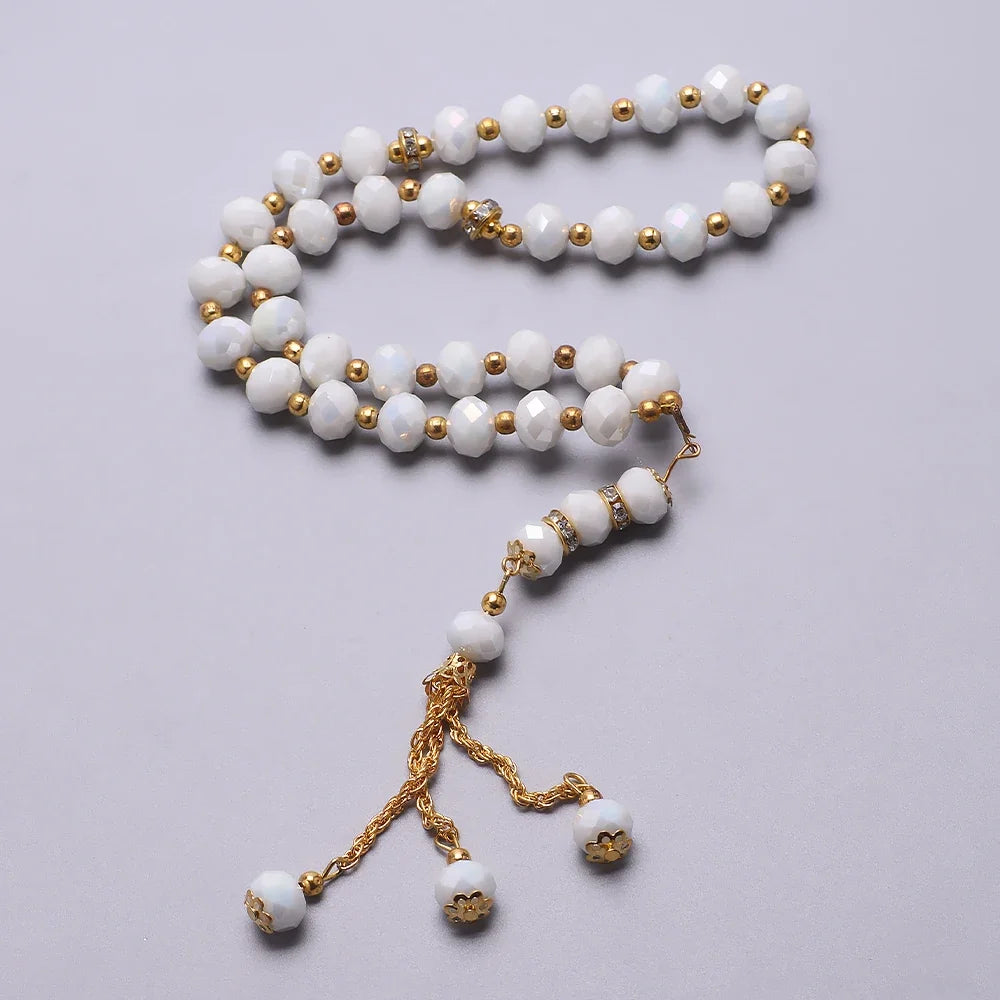 Rosario musulmán elegante - Tasbih islámico 33 cuentas blanco y dorado