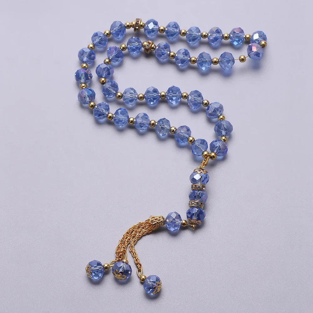 Rosario musulmán elegante - Tasbih islámico 33 cuentas azul y dorado