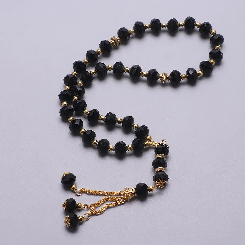 Rosario musulmán elegante - Tasbih islámico 33 cuentas negro y dorado