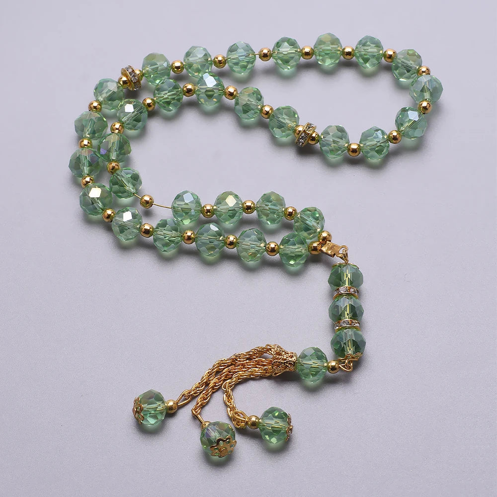 Rosario musulmán elegante - Tasbih islámico 33 cuentas jade verde y dorado