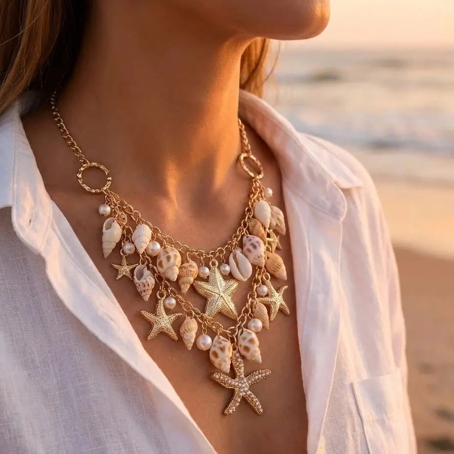 Collar con gran colgante de conchas y estrellas de mar