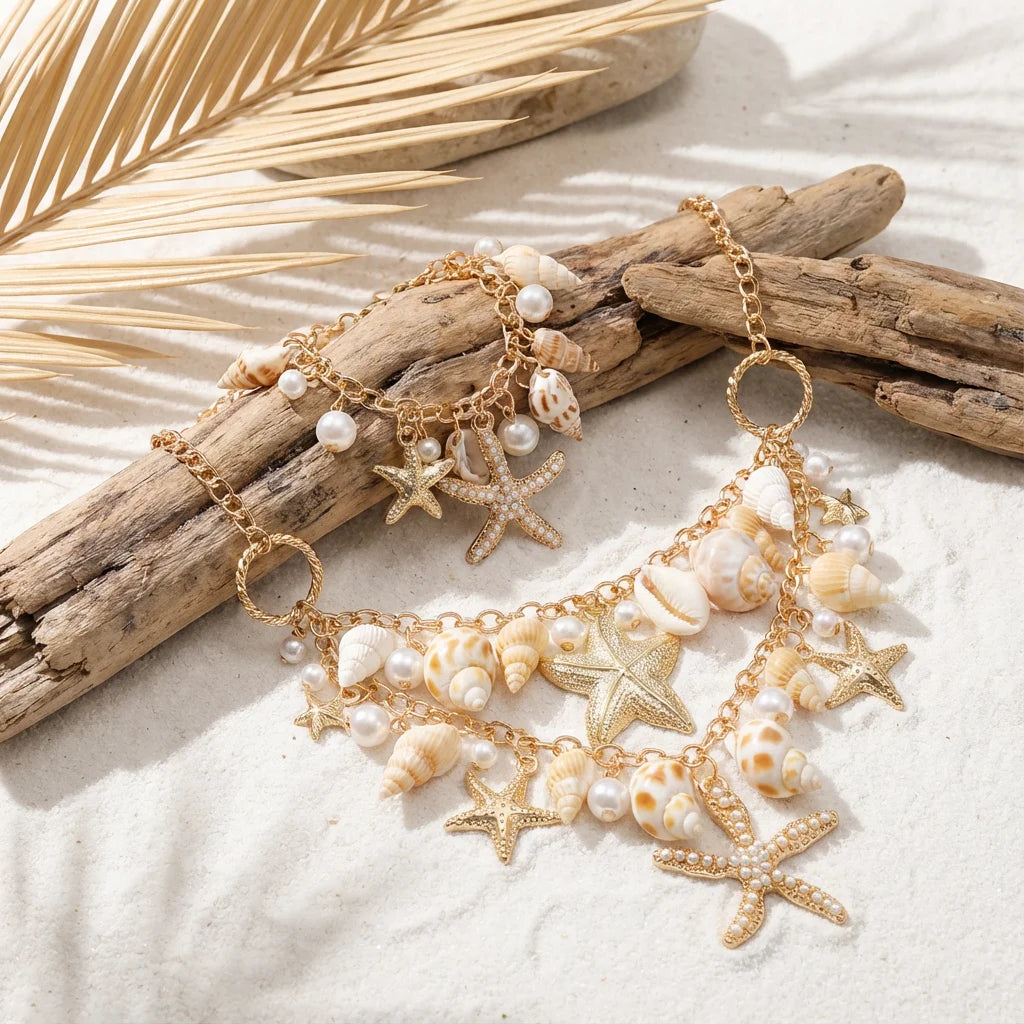 Collar con gran colgante de conchas y estrellas de mar
