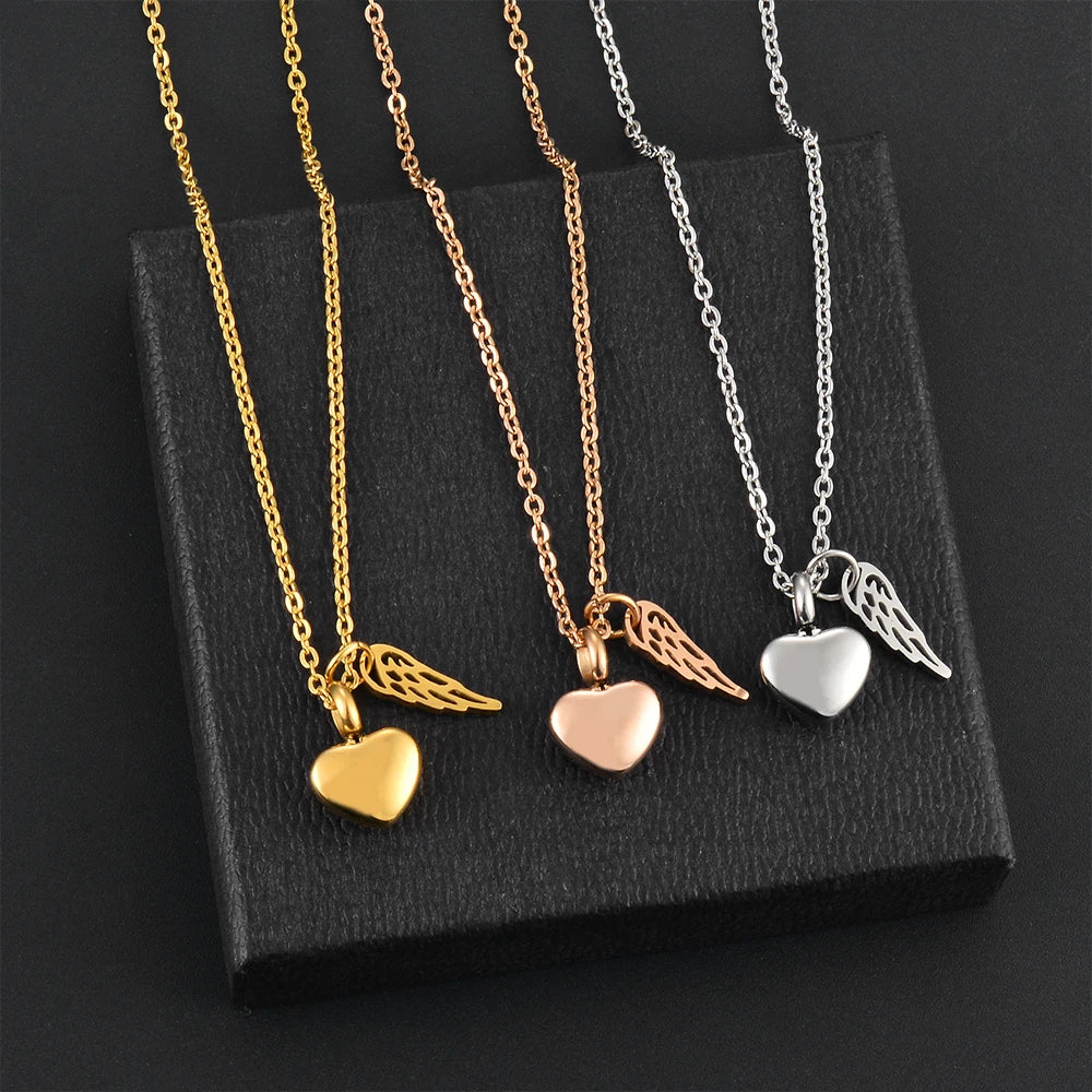 Collar para urna con colgante de alas de ángel y corazón plateado