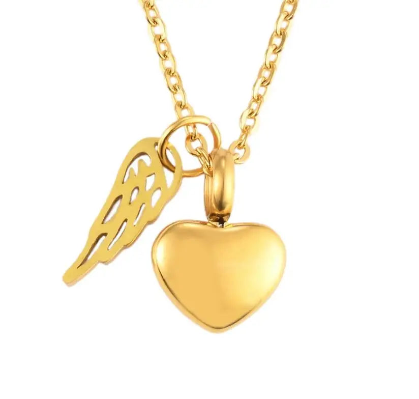 Collar para urna con colgante de alas de ángel y corazón dorado