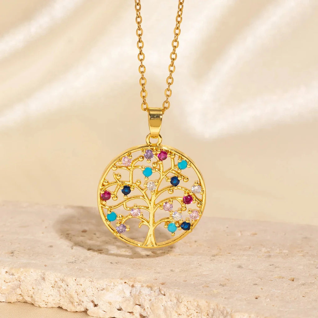 Collar con colgante de Árbol de la Vida con circonita multicolor