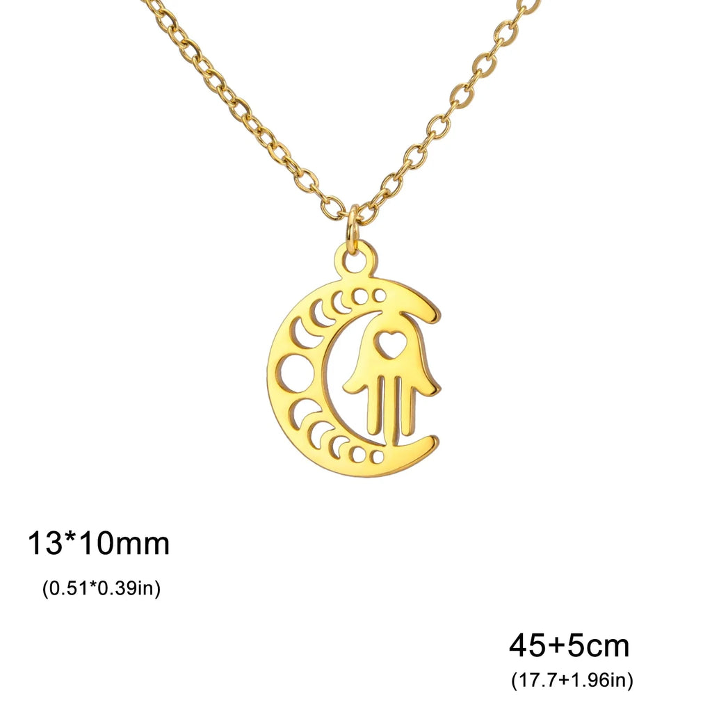 Collar con colgante islámico de media luna y mano de Fátima árabe en oro