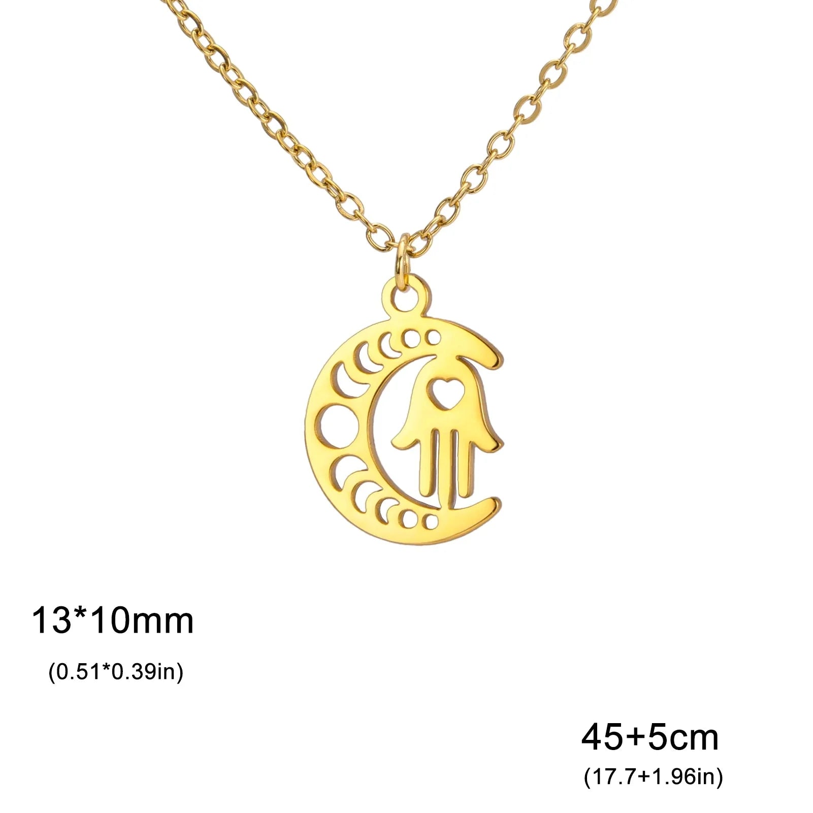 Collar con colgante islámico de media luna y mano de Fátima árabe en oro