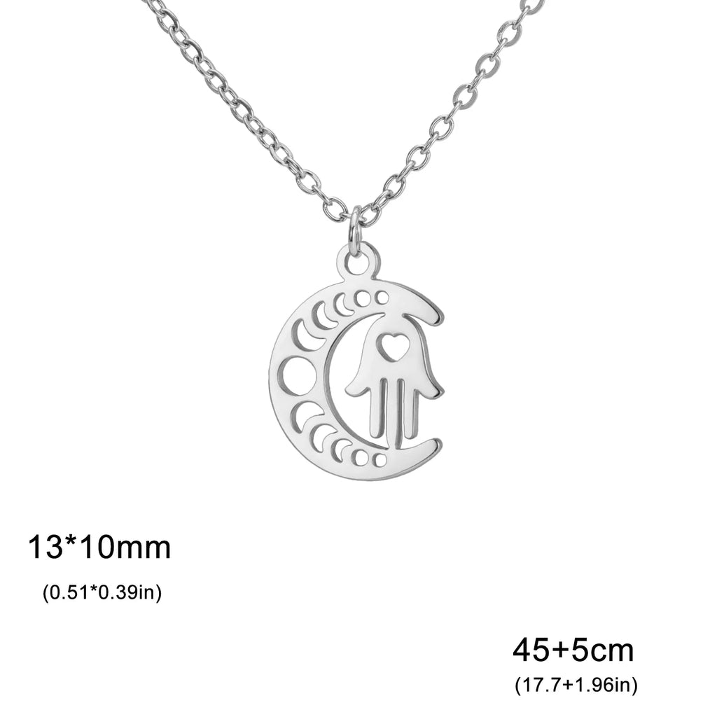 Collar con colgante islámico de media luna y mano de Fátima árabe en plata