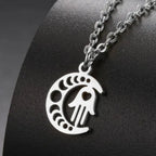 Collar con colgante islámico de media luna y mano de Fátima árabe en plata