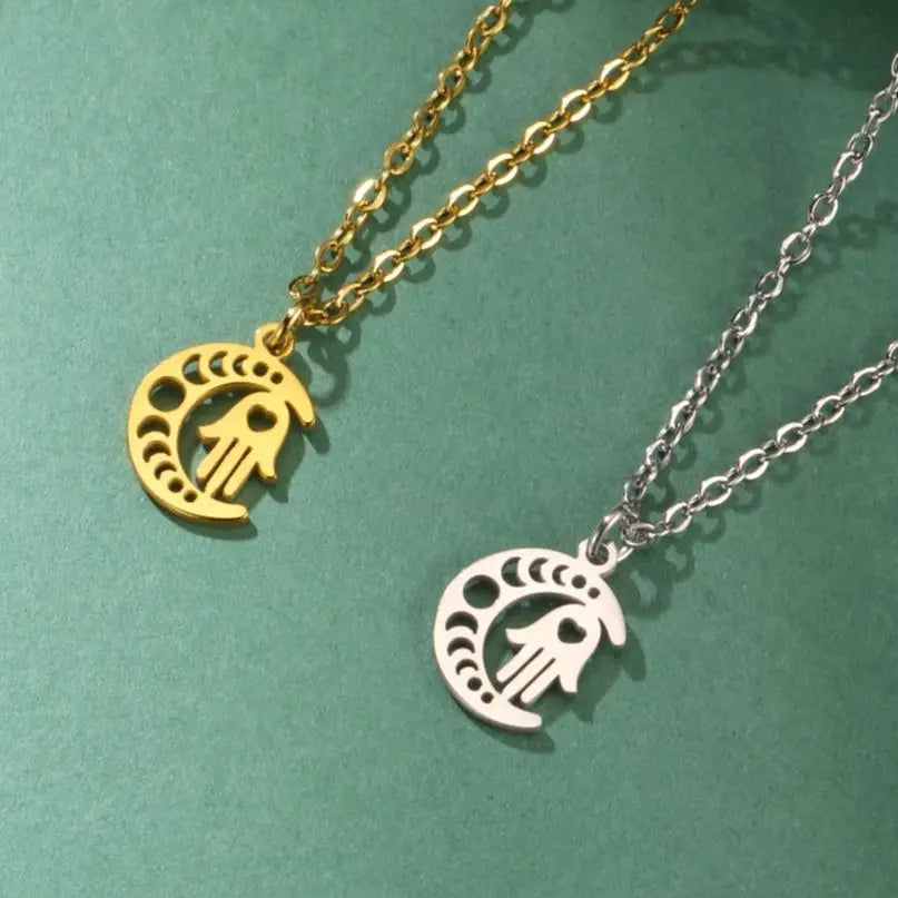 Collar con colgante islámico de media luna y mano de Fátima árabe en oro