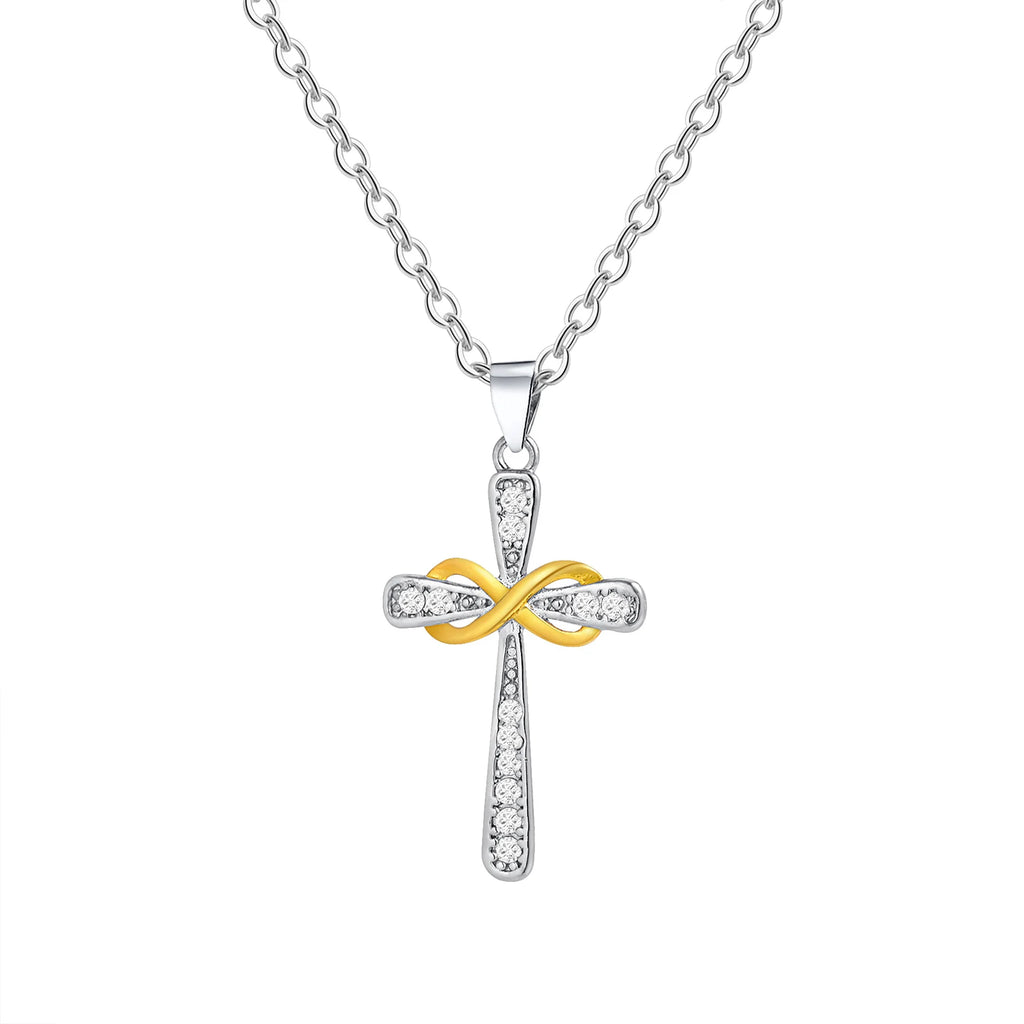Necklace with two-tone cross and infinity symbol pendant
