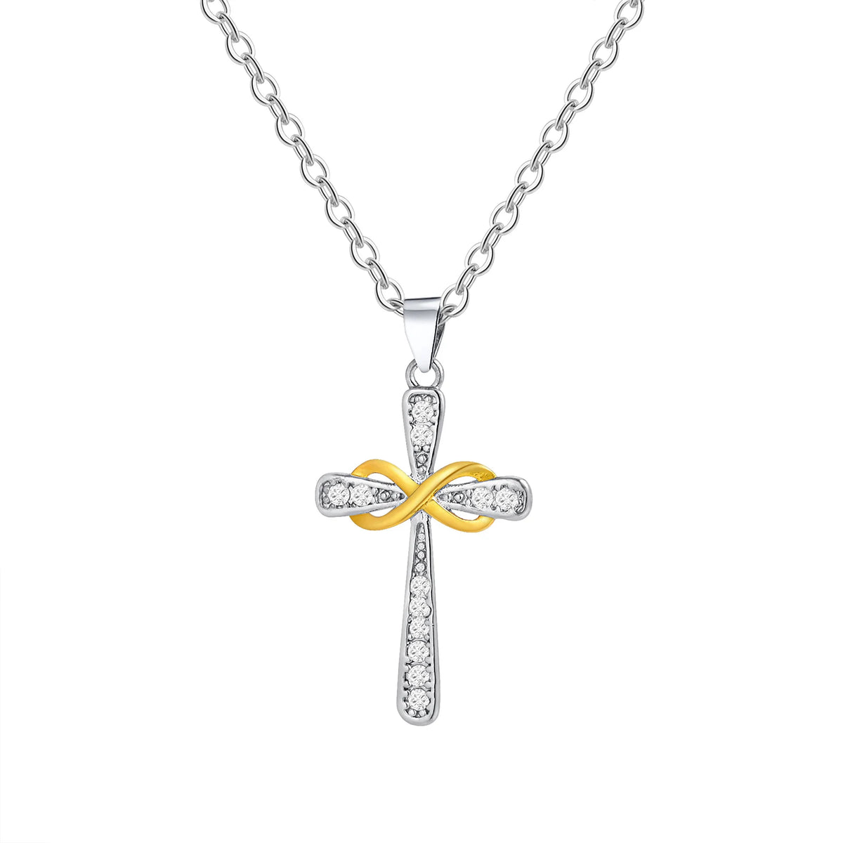 Necklace with two-tone cross and infinity symbol pendant