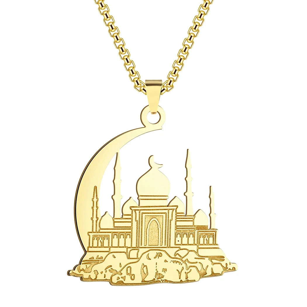 Collar con colgante de una mezquita sobre media luna árabe islámica musulmana de oro