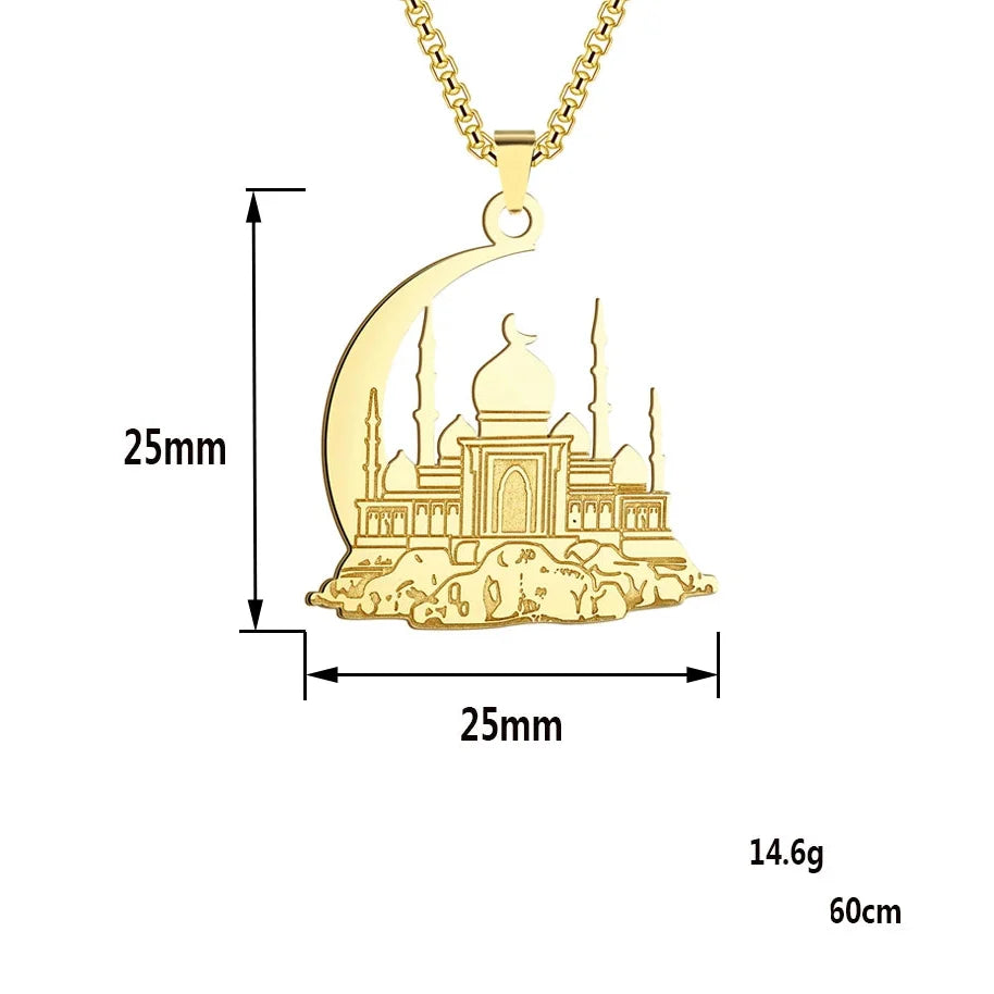 Collar con colgante de una mezquita sobre media luna árabe 