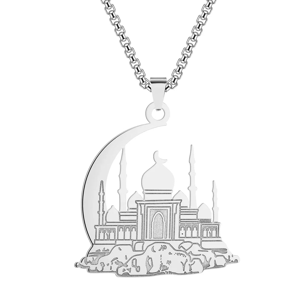 Collar con colgante de una mezquita sobre media luna árabe islámica musulmana de plata
