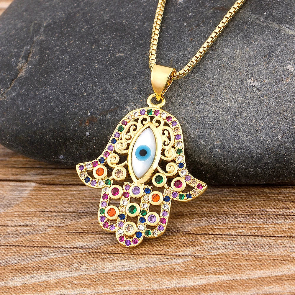 Collar con colgante de protección contra el mal de ojo y mano de Fatma multicolor 