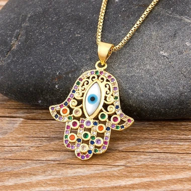 Collar con colgante de protección contra el mal de ojo y mano de Fatma multicolor 