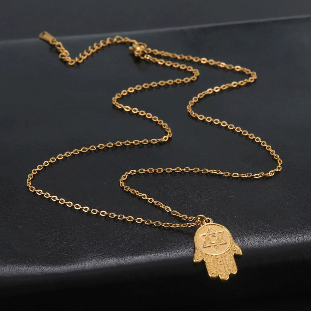 Collar con colgante de protección estrella de David y mano de Fátima judío oro