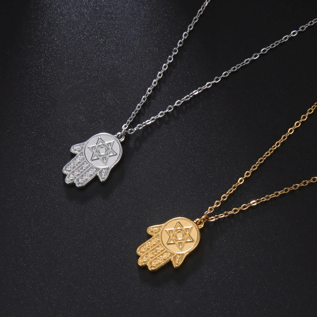 Collar con colgante de protección estrella de David y mano de Fátima judío oro
