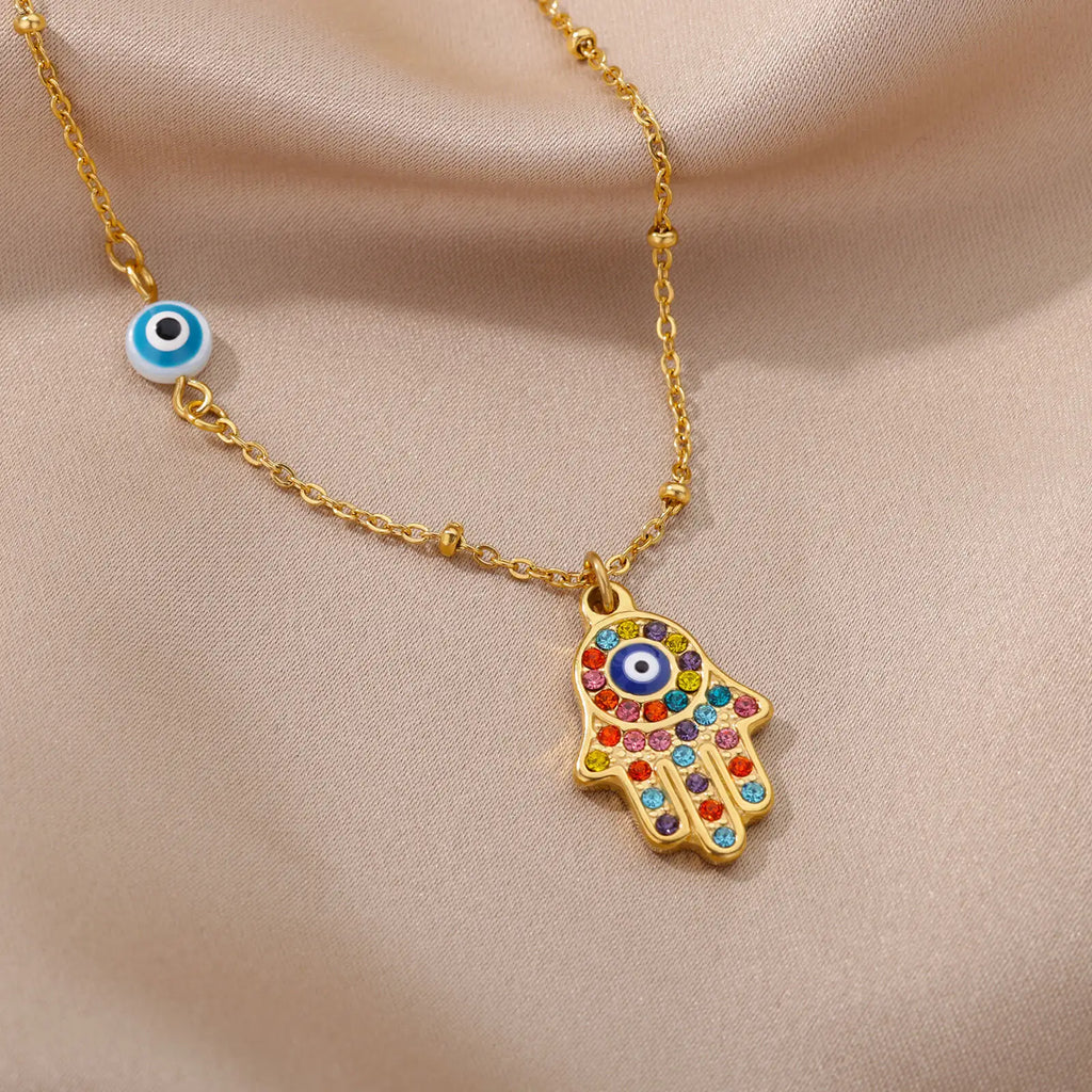 Collar con colgante de protección contra el mal de ojo y mano de Fátima multicolor árabe oro