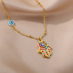 Collar con colgante de protección contra el mal de ojo y mano de Fátima multicolor árabe oro