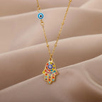 Collar con colgante de protección contra el mal de ojo y mano de Fátima multicolor árabe oro
